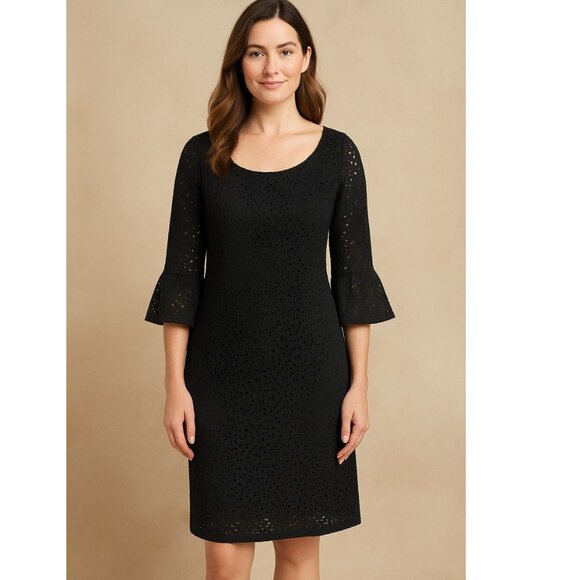 Pendleton Black Floral Lace Eyelet Bell Sleeve Shift Dress Size 12 - Picture 1 of 14